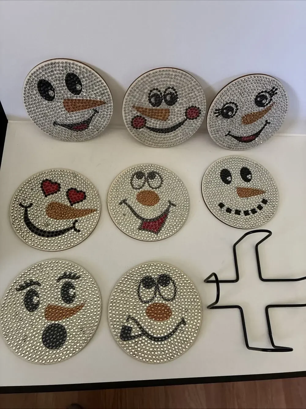 Handmade Diamond Dot Snowman Coaster Set Of 8
